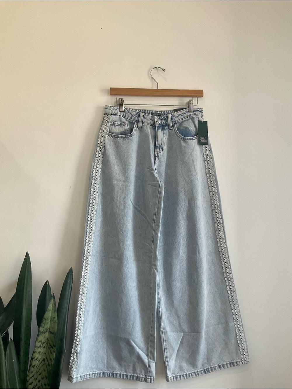 wild fable Light Blue Wide Leg Jeans with White Lace Trim